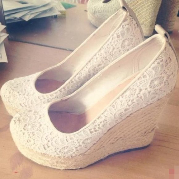 FSJ Shoes - FSJ Ivory Lace Espadrille Wedges Wedding Round